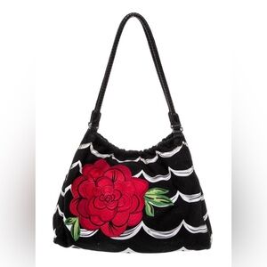 Beautiful Brighton Black & White Canvas Shoulder Bag with lovely Embroidery red